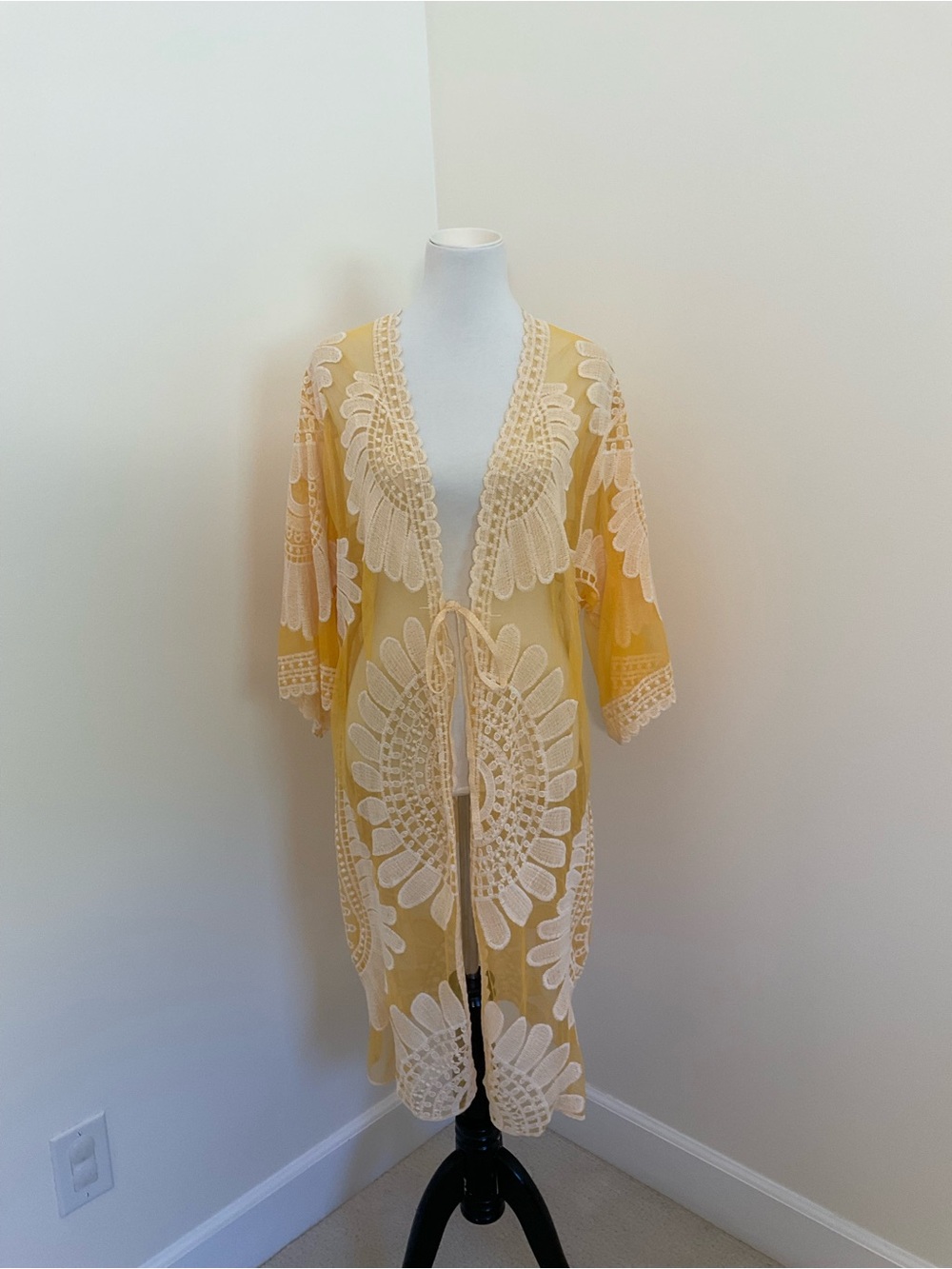 Ember Sheer Yellow Lace Embroidered Kimono Cardigan Duster